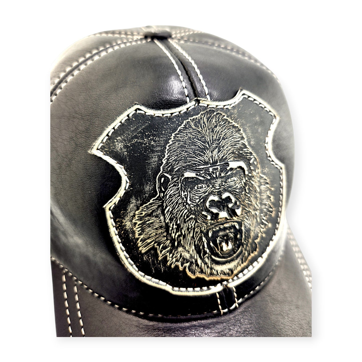 Leather Biker Hat – Handmade Black Motorcycle Cap with Gorilla Patch | Apero Bullo