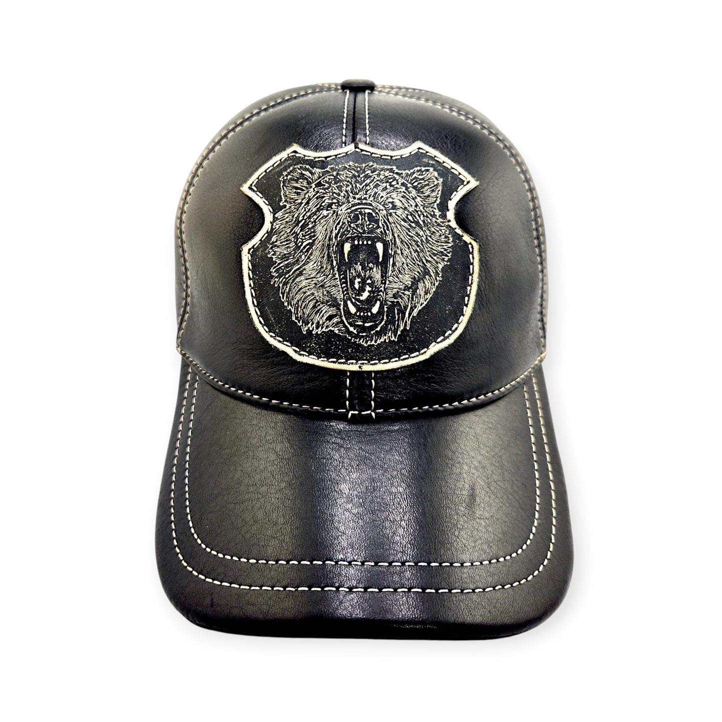 Leather Biker Hat: Handmade Black Hunting Cap for Men with Roaring Grizzly Bear Patch, Military Baseball Style | Apero Bullo