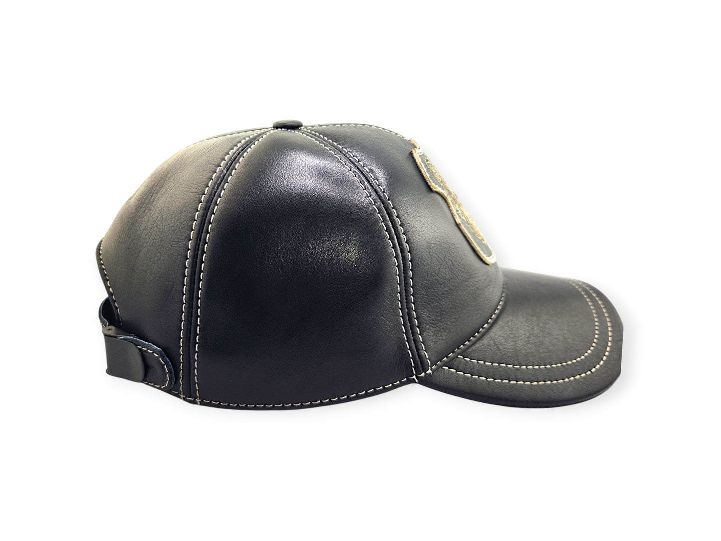 Leather Biker Hat: Handmade Black Hunting Cap for Men with Roaring Grizzly Bear Patch, Military Baseball Style | Apero Bullo