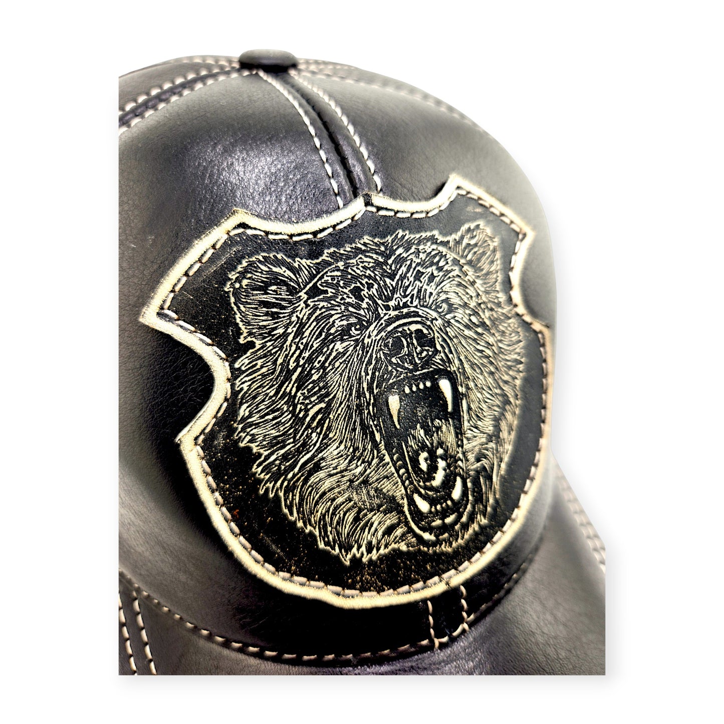 Leather Biker Hat: Handmade Black Hunting Cap for Men with Roaring Grizzly Bear Patch, Military Baseball Style | Apero Bullo