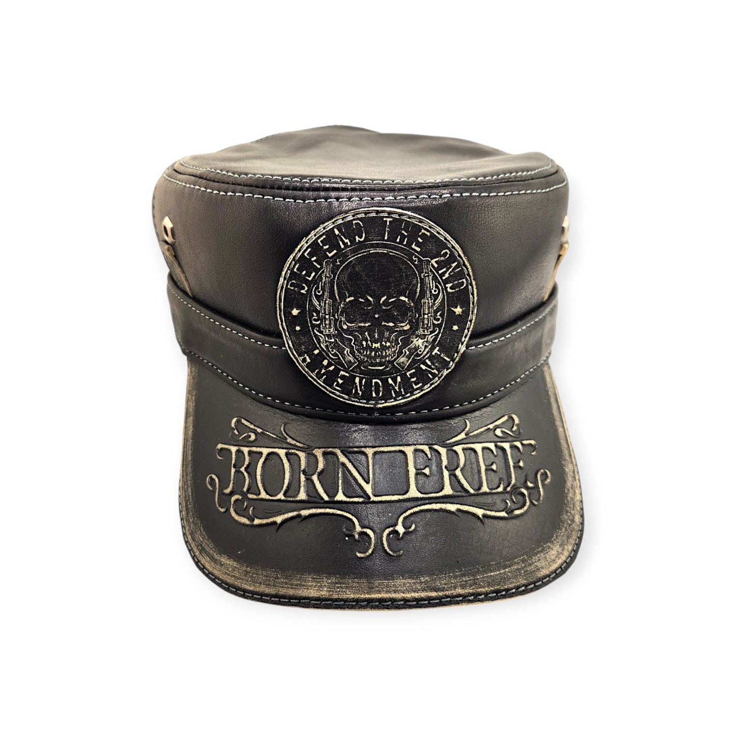 Leather Biker Hat: Handmade Black Motorcycle Cap with Skull Patch, Born Free Brim Engraving, 2nd Amendment Design | Apero Bullo