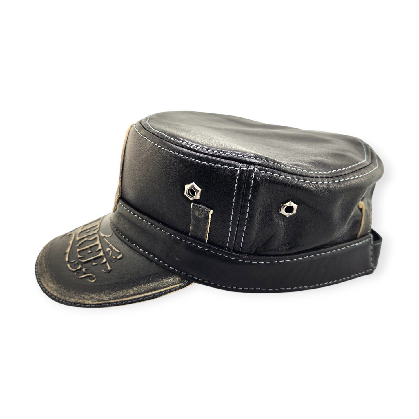 Leather Biker Hat: Handmade Black Motorcycle Cap with Skull Patch, Born Free Brim Engraving, 2nd Amendment Design | Apero Bullo
