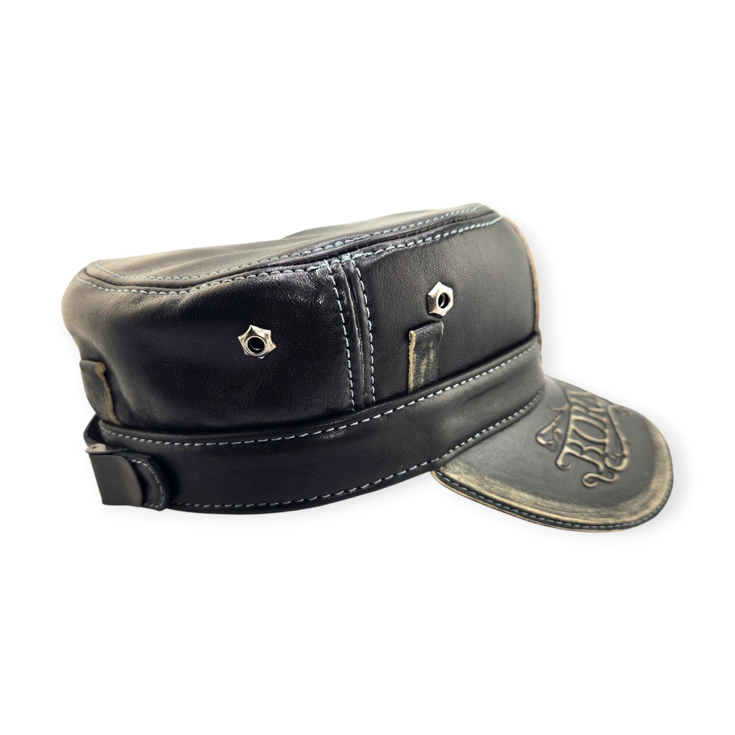 Leather Biker Hat: Handmade Black Motorcycle Cap with Skull Patch, Born Free Brim Engraving, 2nd Amendment Design | Apero Bullo