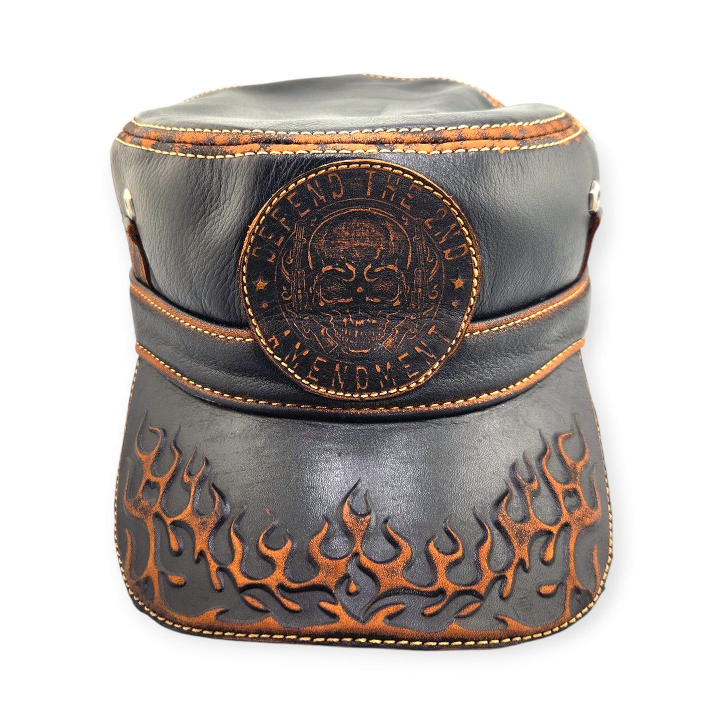 Leather Biker Hat – Handmade Black Distressed Military Cap with Skull Patch, Flame Brim & Defend the 2nd Amendment | Apero Bullo