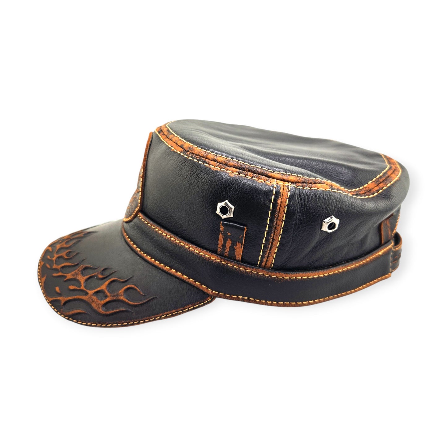 Leather Biker Hat – Handmade Black Distressed Military Cap with Skull Patch, Flame Brim & Defend the 2nd Amendment | Apero Bullo