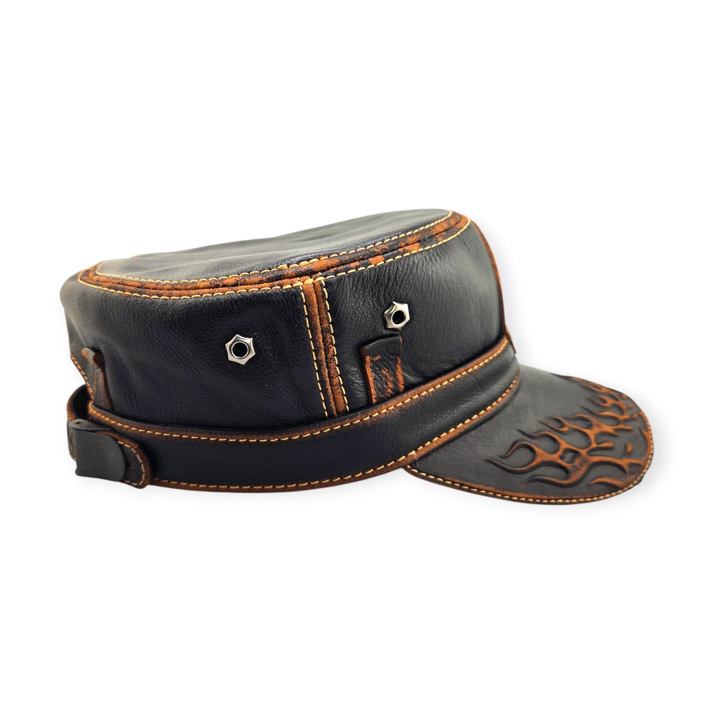 Leather Biker Hat – Handmade Black Distressed Military Cap with Skull Patch, Flame Brim & Defend the 2nd Amendment | Apero Bullo