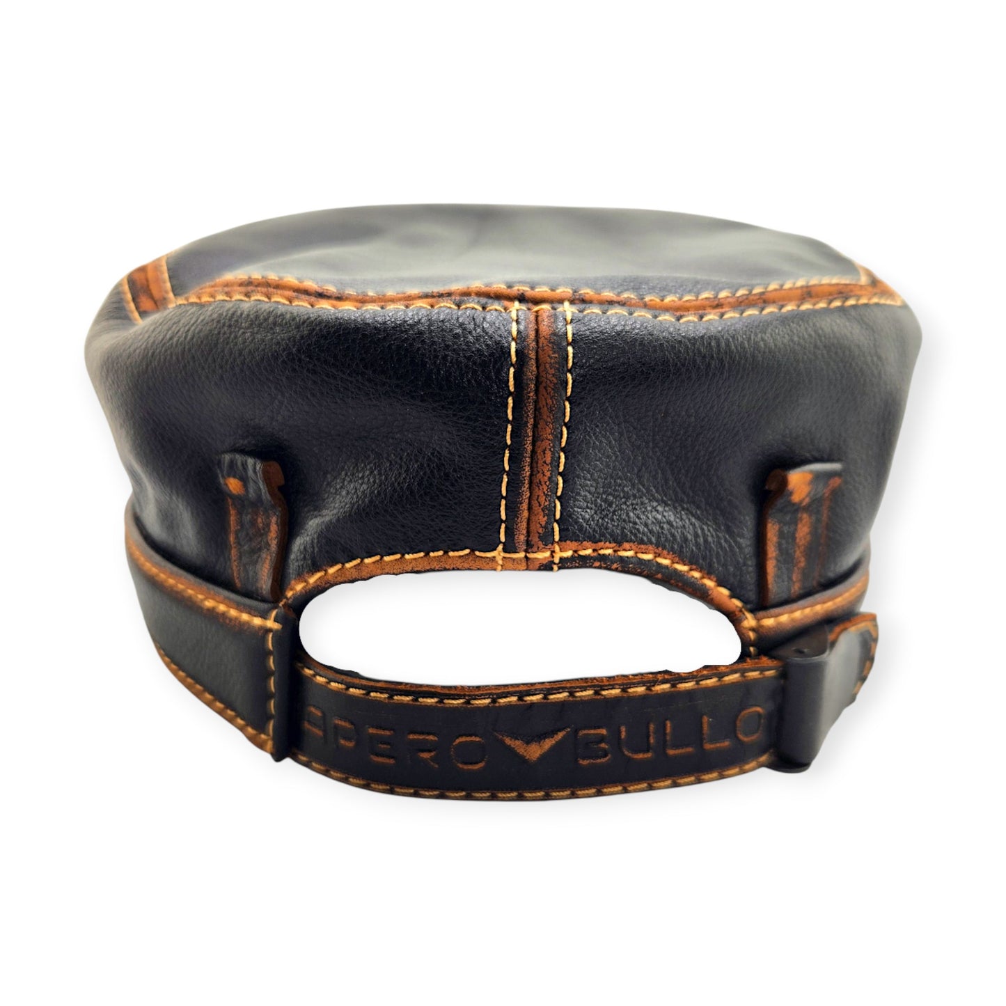 Leather Biker Hat – Handmade Black Distressed Military Cap with Skull Patch, Flame Brim & Defend the 2nd Amendment | Apero Bullo