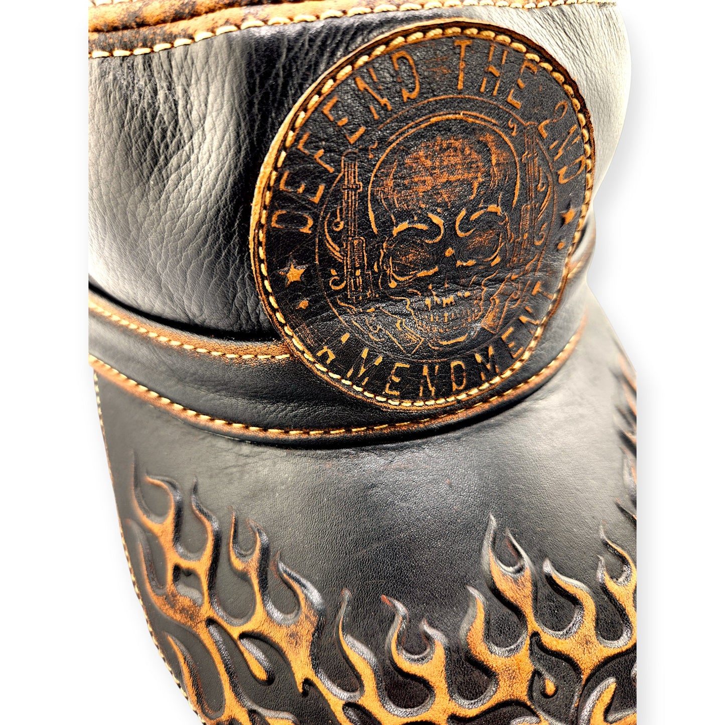 Leather Biker Hat – Handmade Black Distressed Military Cap with Skull Patch, Flame Brim & Defend the 2nd Amendment | Apero Bullo