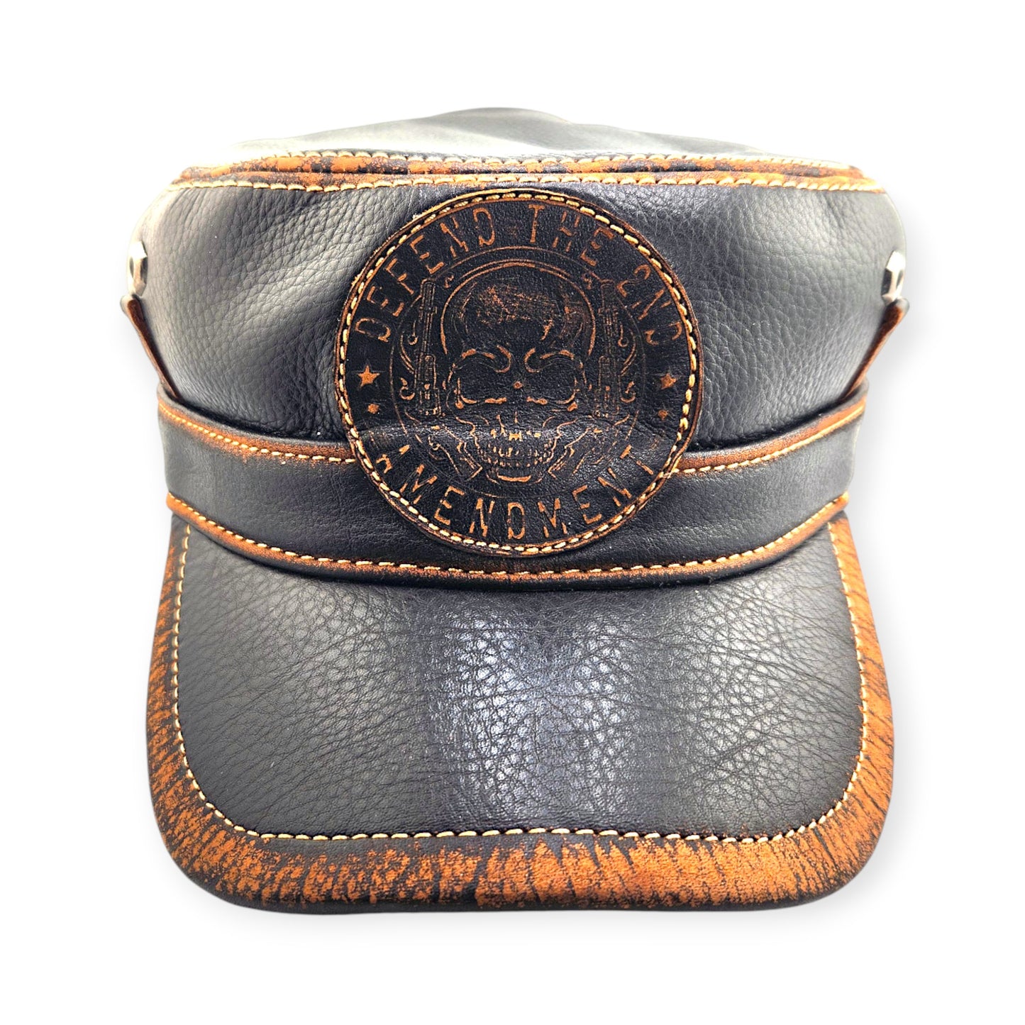 Leather Biker Hat – Handmade Black Distressed Military Cap with Skull Patch, Defend the 2nd Amendment | Apero Bullo
