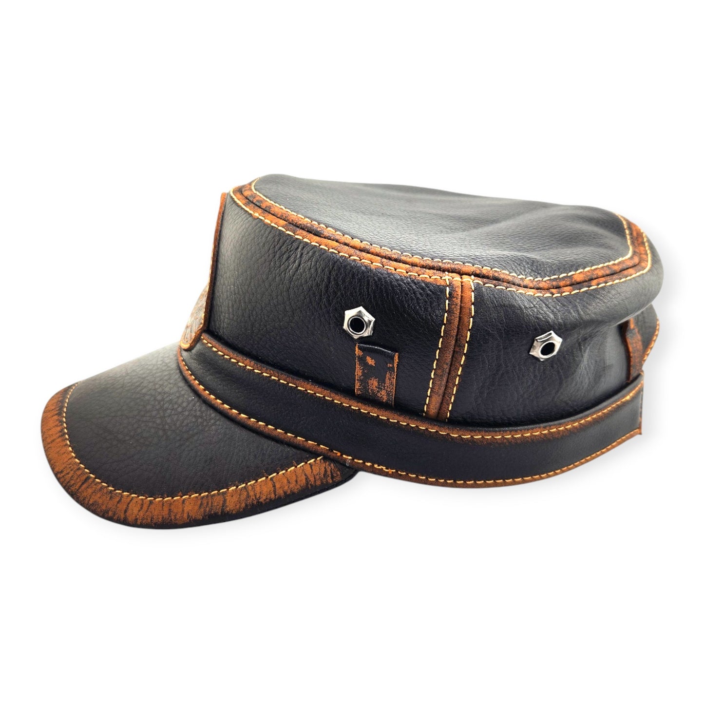 Leather Biker Hat – Handmade Black Distressed Military Cap with Skull Patch, Defend the 2nd Amendment | Apero Bullo