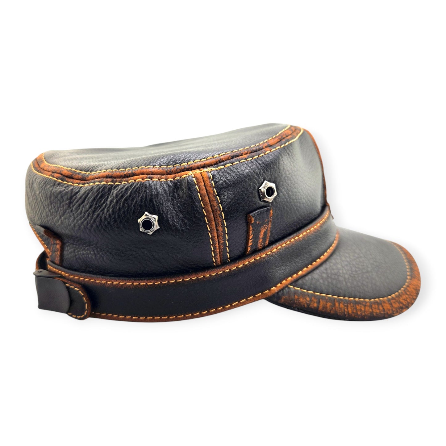 Leather Biker Hat – Handmade Black Distressed Military Cap with Skull Patch, Defend the 2nd Amendment | Apero Bullo