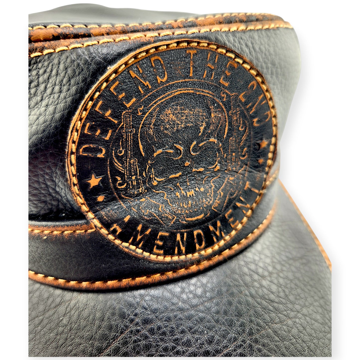 Leather Biker Hat – Handmade Black Distressed Military Cap with Skull Patch, Defend the 2nd Amendment | Apero Bullo