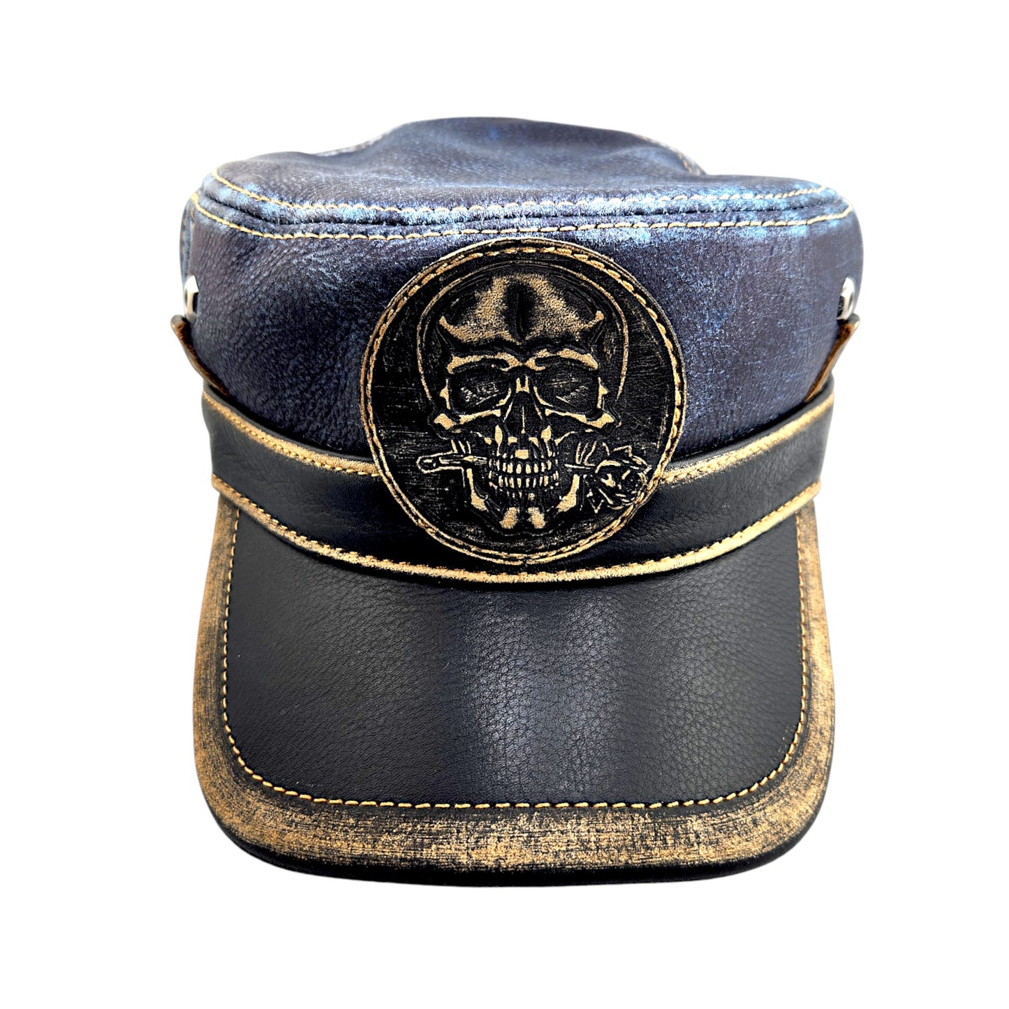 Leather Biker Hat – Handmade Distressed Military Cap with Skull Patch | Apero Bullo