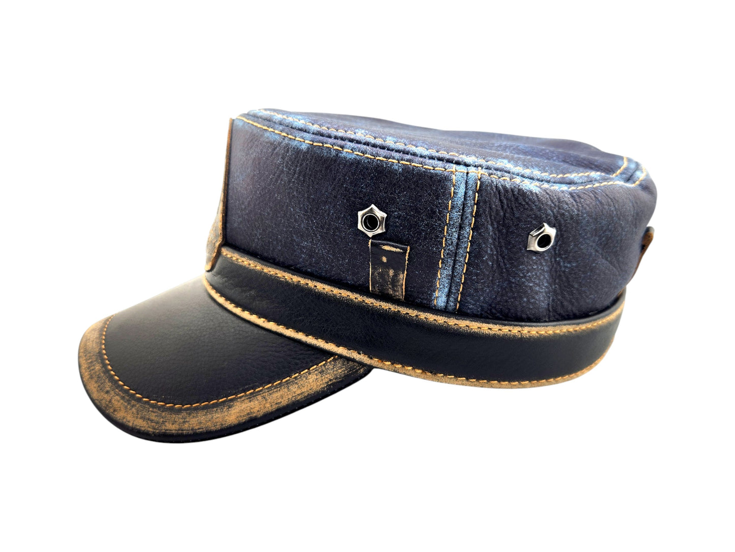 Leather Biker Hat – Handmade Distressed Military Cap with Skull Patch | Apero Bullo