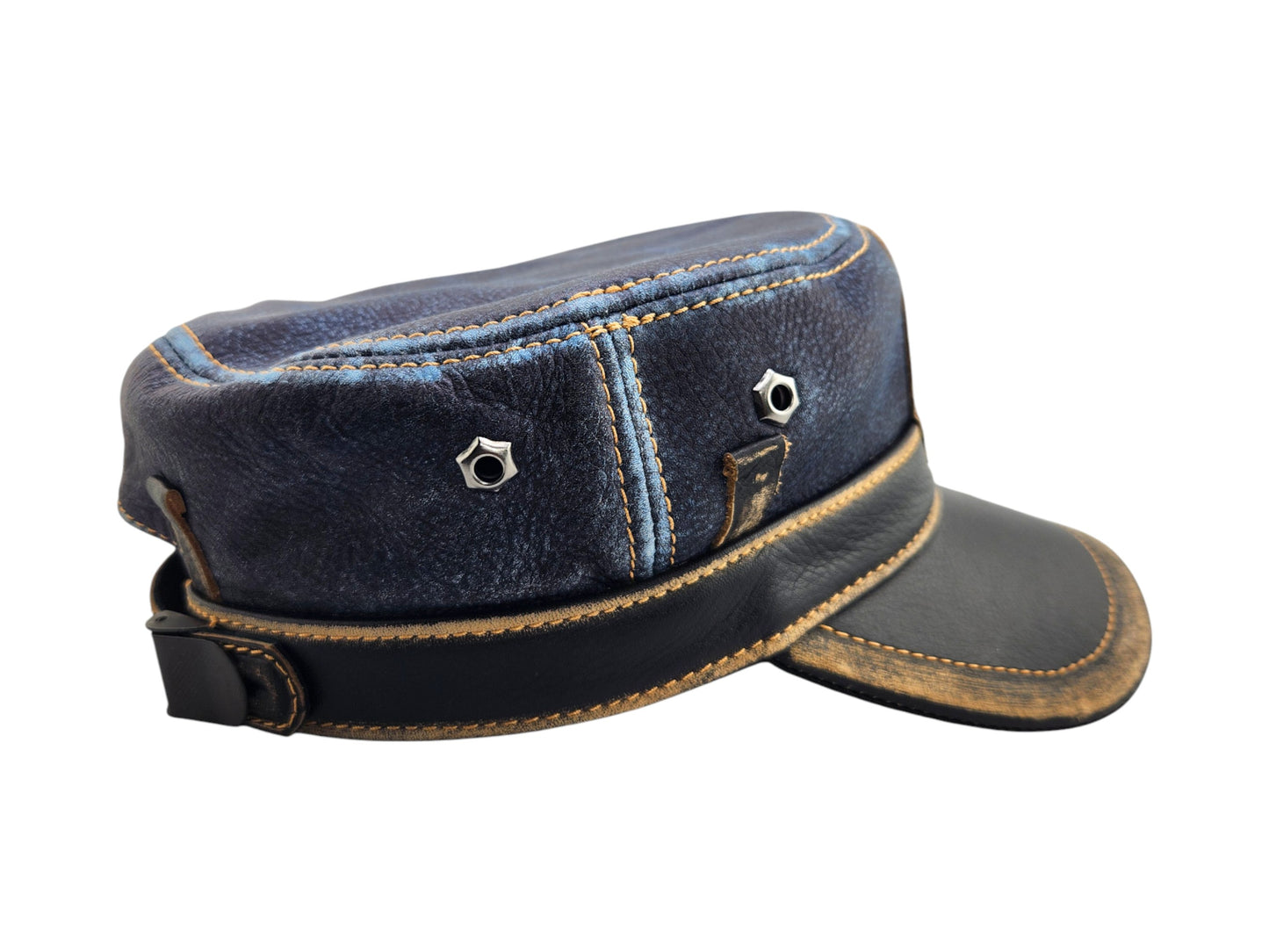 Leather Biker Hat – Handmade Distressed Military Cap with Skull Patch | Apero Bullo