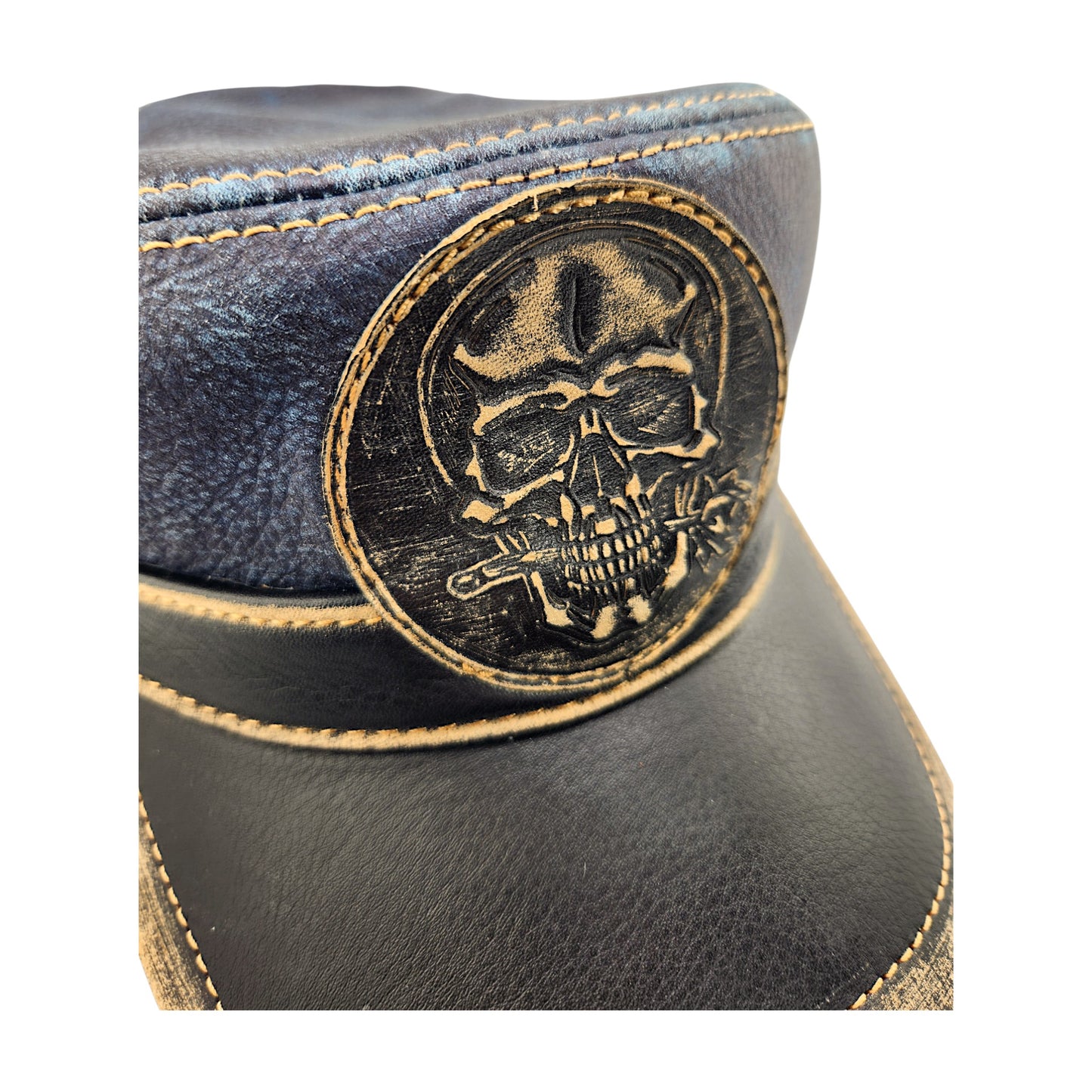Leather Biker Hat – Handmade Distressed Military Cap with Skull Patch | Apero Bullo