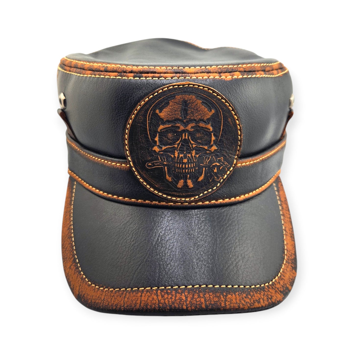 Leather Biker Hat – Handmade Black Distressed Military Cap with Skull & Rose Patch | Apero Bullo