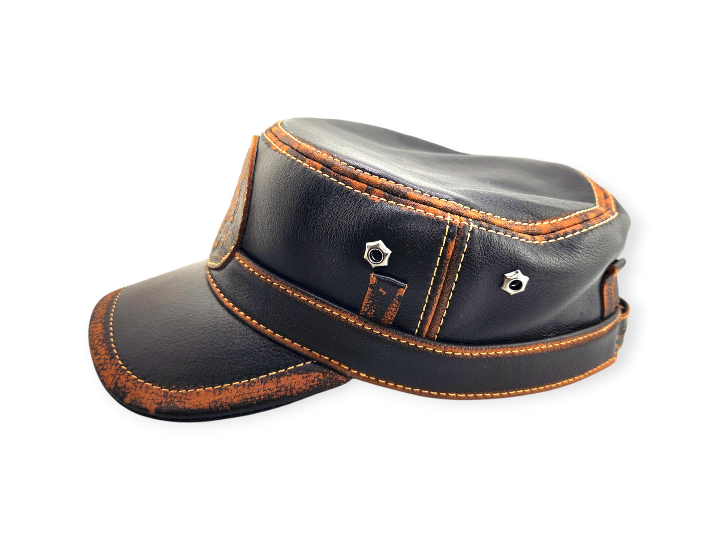 Leather Biker Hat – Handmade Black Distressed Military Cap with Skull & Rose Patch | Apero Bullo
