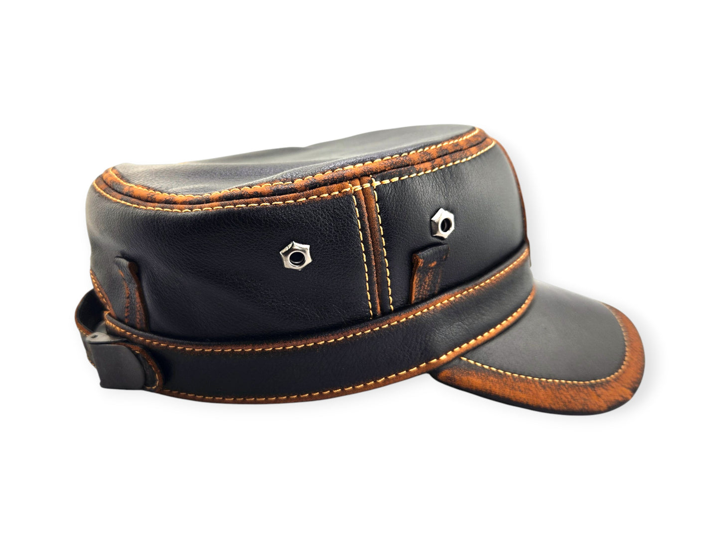 Leather Biker Hat – Handmade Black Distressed Military Cap with Skull & Rose Patch | Apero Bullo