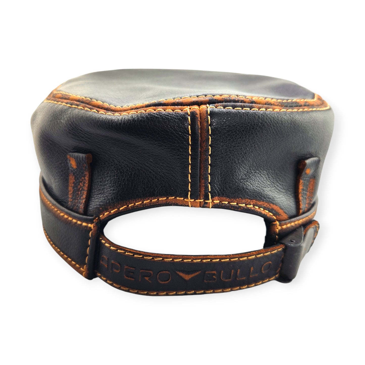 Leather Biker Hat – Handmade Black Distressed Military Cap with Skull Patch, Defend the 2nd Amendment | Apero Bullo