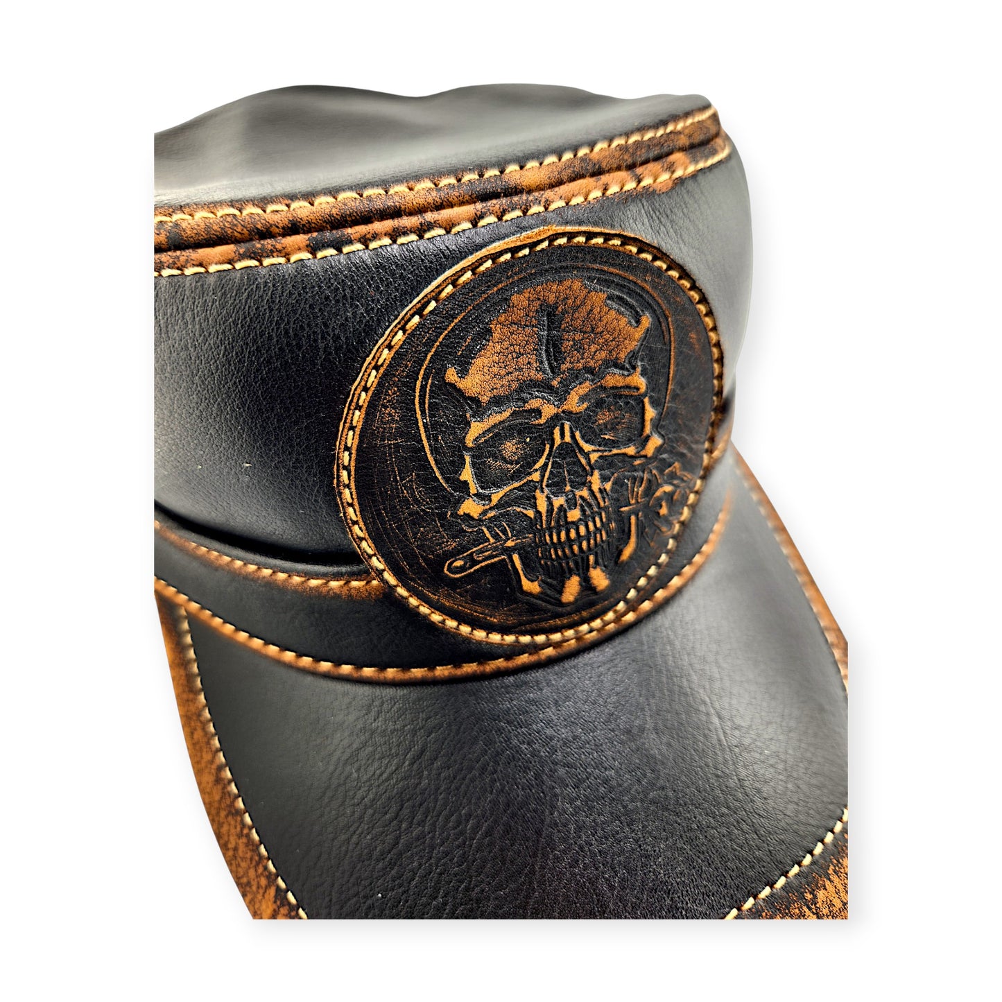 Leather Biker Hat – Handmade Black Distressed Military Cap with Skull & Rose Patch | Apero Bullo