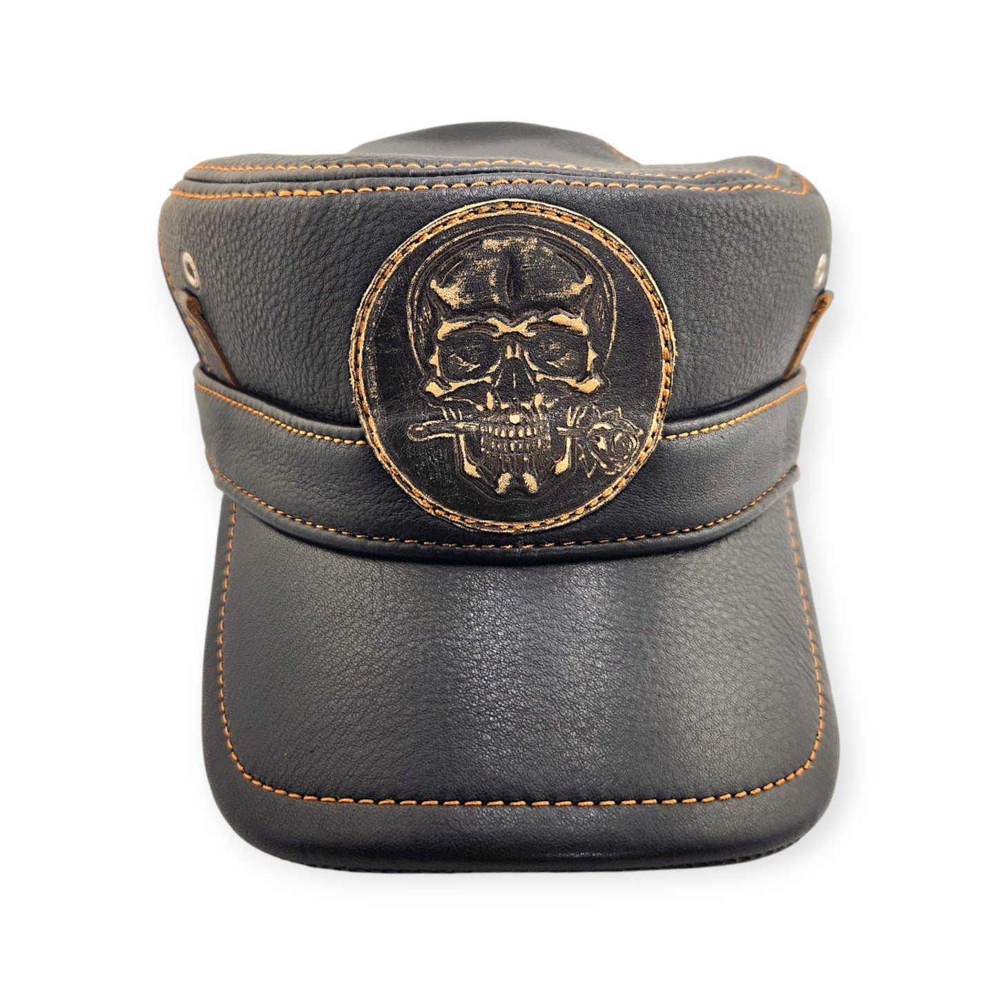 Leather Biker Hat: Handmade Black Motorcycle Cap with Embossed Skull Patch, Military Style, Italian Cow Leather | Apero Bullo