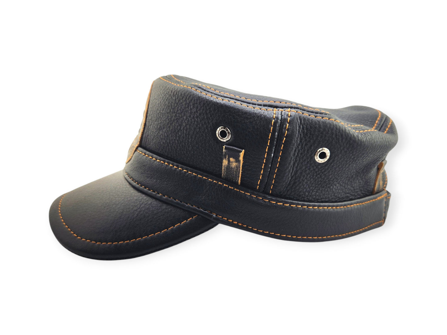 Leather Biker Hat: Handmade Black Motorcycle Cap with Embossed Skull Patch, Military Style, Italian Cow Leather | Apero Bullo