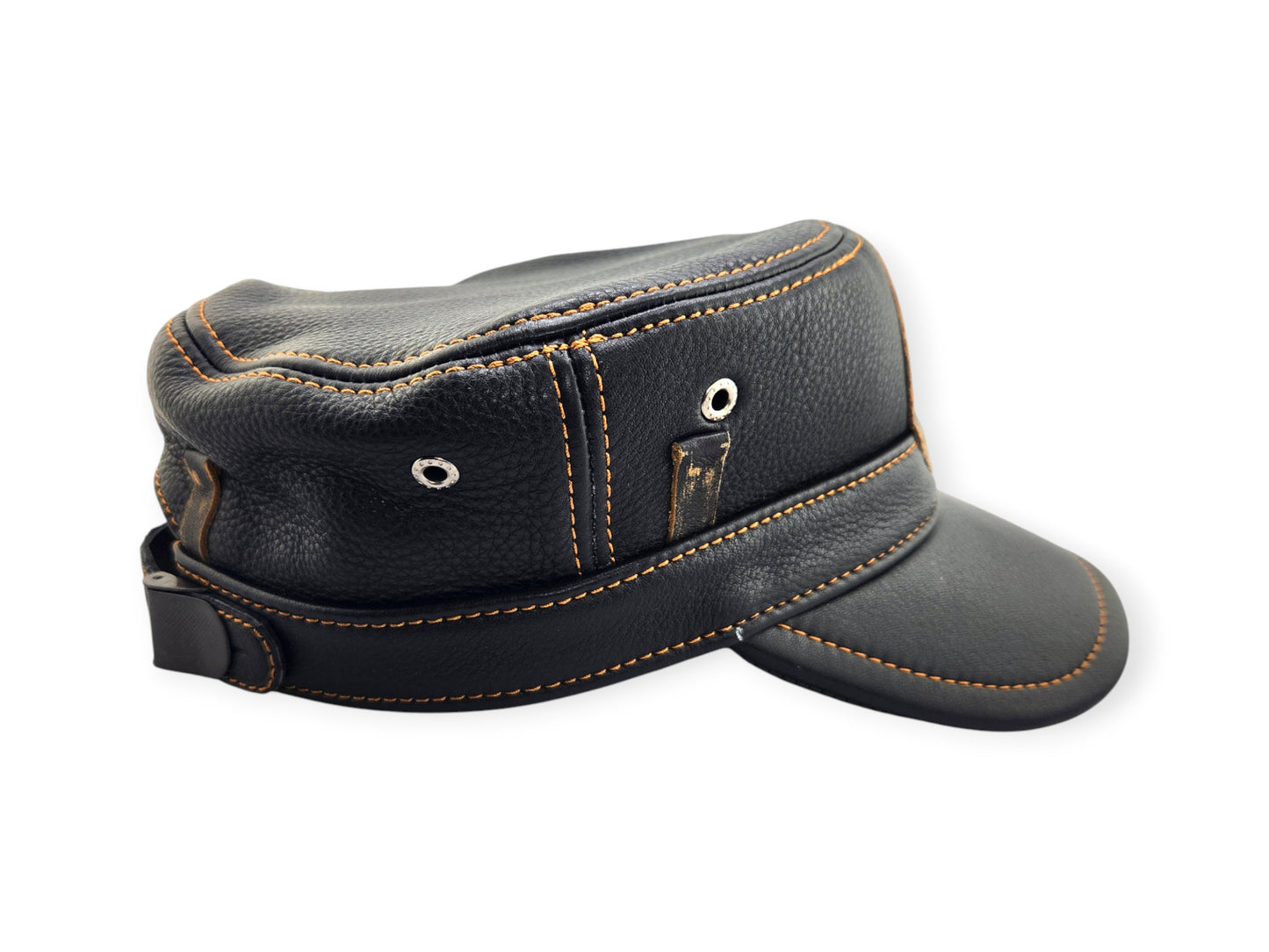 Leather Biker Hat: Handmade Black Motorcycle Cap with Embossed Skull Patch, Military Style, Italian Cow Leather | Apero Bullo