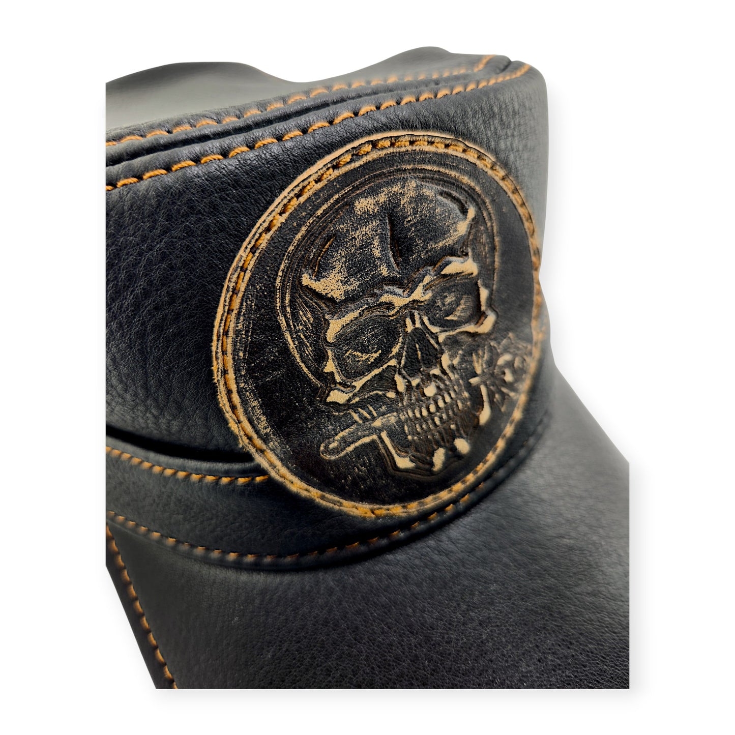 Leather Biker Hat: Handmade Black Motorcycle Cap with Embossed Skull Patch, Military Style, Italian Cow Leather | Apero Bullo
