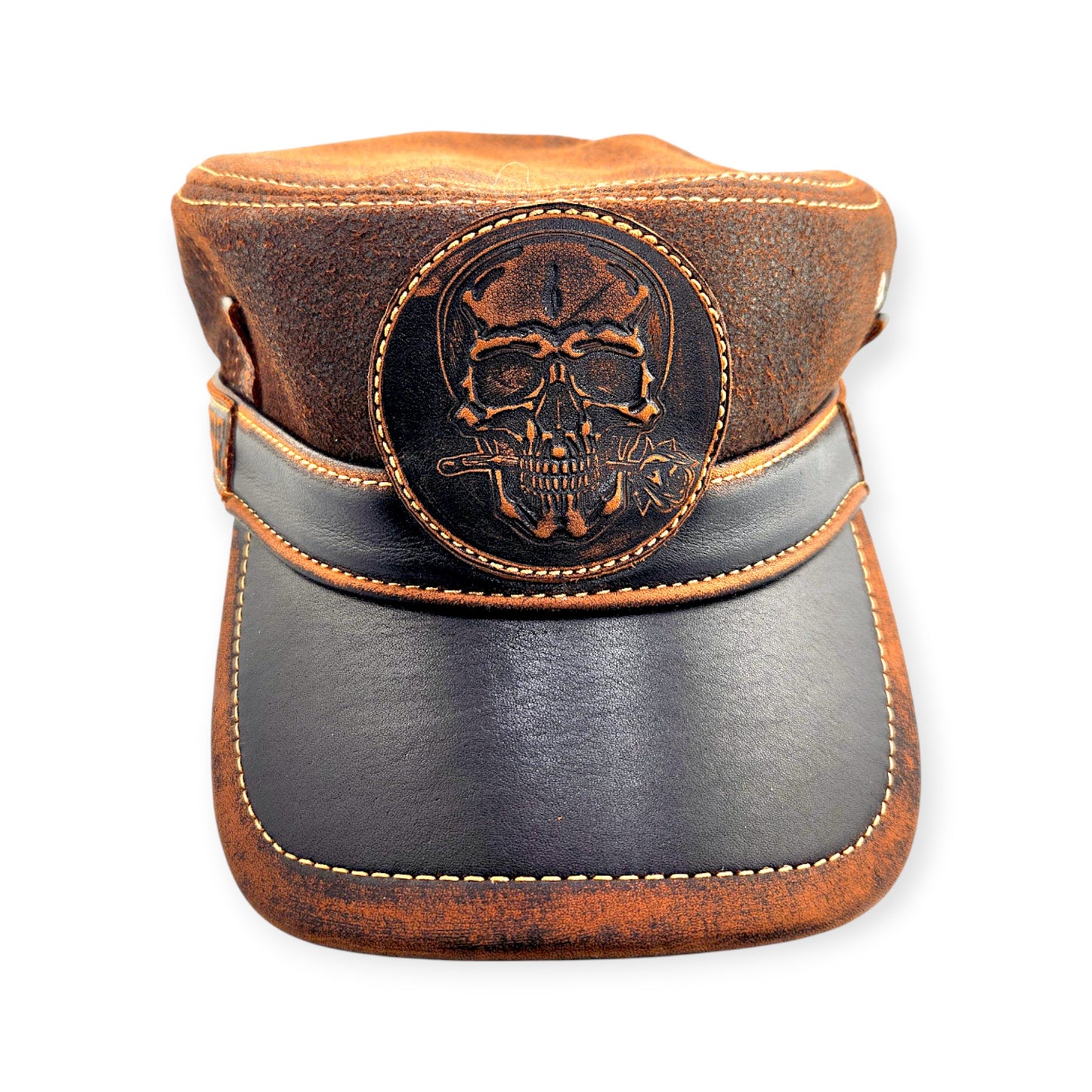 Leather Biker Hat: Handmade Distressed Brown Motorcycle Cap with Skull & Lost Souls Patch for Men | Apero Bullo