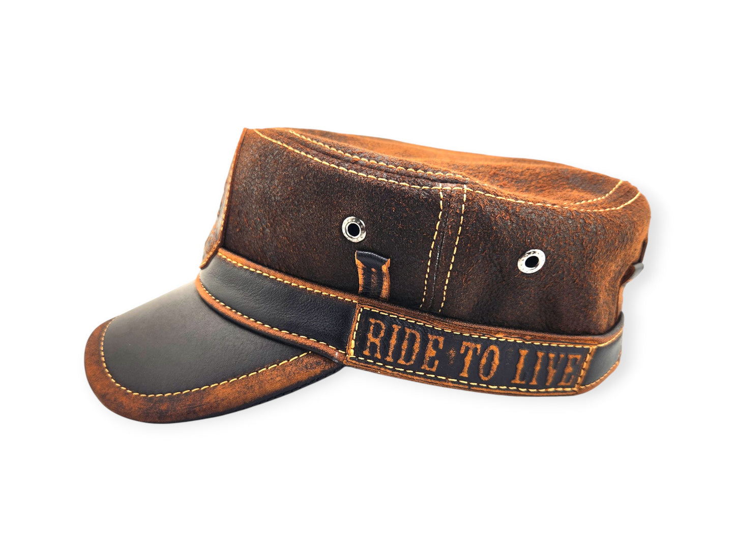 Leather Biker Hat: Handmade Distressed Brown Motorcycle Cap with Skull & Lost Souls Patch for Men | Apero Bullo
