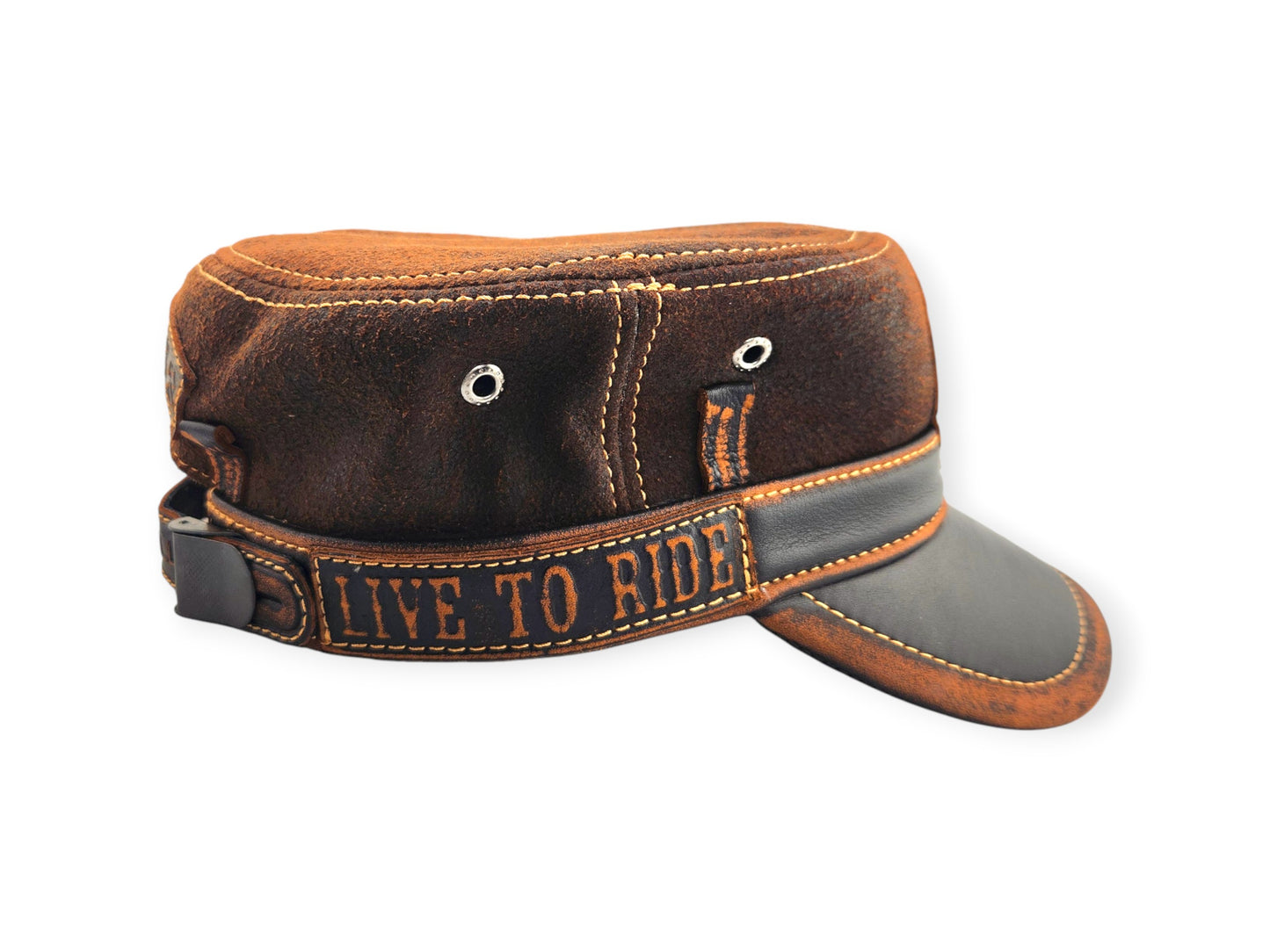Leather Biker Hat: Handmade Distressed Brown Motorcycle Cap with Skull & Lost Souls Patch for Men | Apero Bullo