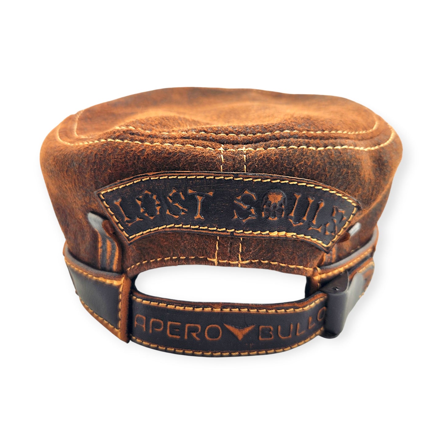 Leather Biker Hat: Handmade Distressed Brown Motorcycle Cap with Skull & Lost Souls Patch for Men | Apero Bullo