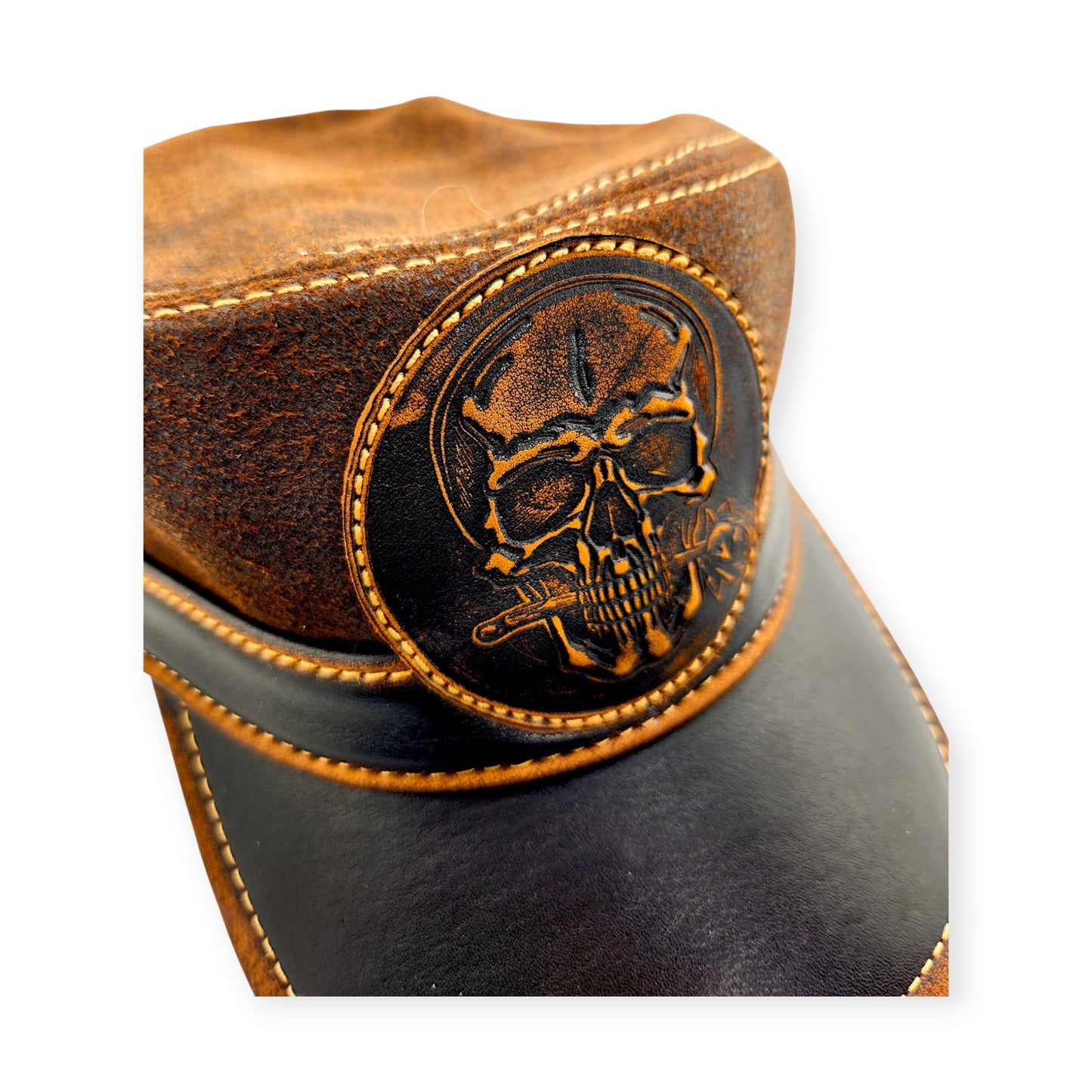 Leather Biker Hat: Handmade Distressed Brown Motorcycle Cap with Skull & Lost Souls Patch for Men | Apero Bullo