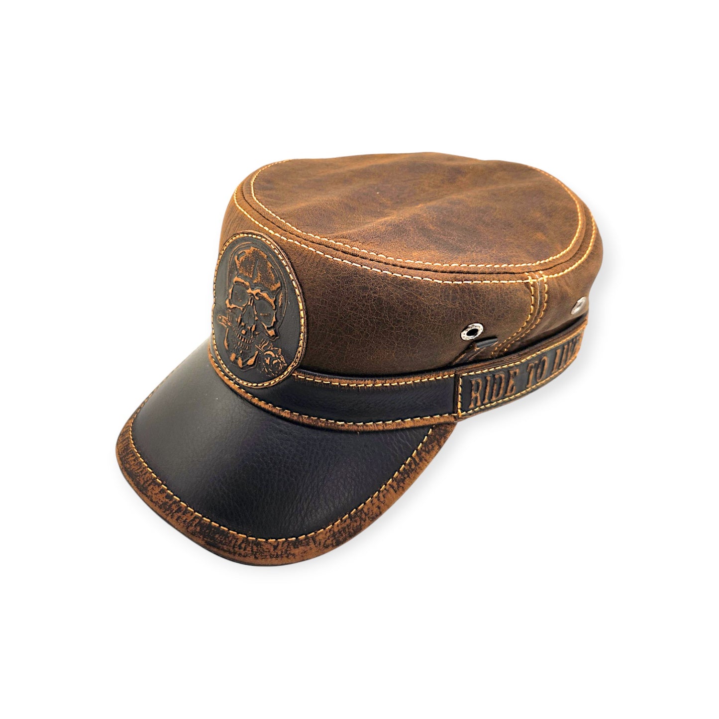 Leather Biker Hat – Handmade Brown Distressed Military Cap with Skull Patch & Ride to Live Strap | Apero Bullo