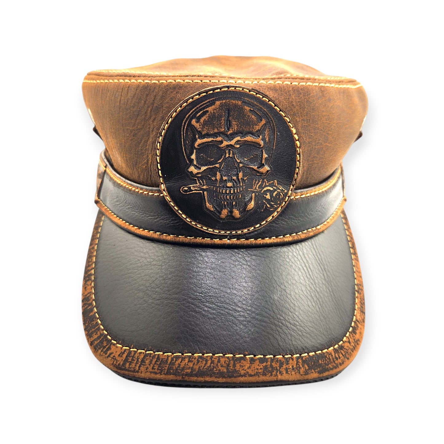 Leather Biker Hat – Handmade Brown Distressed Military Cap with Skull Patch & Ride to Live Strap | Apero Bullo