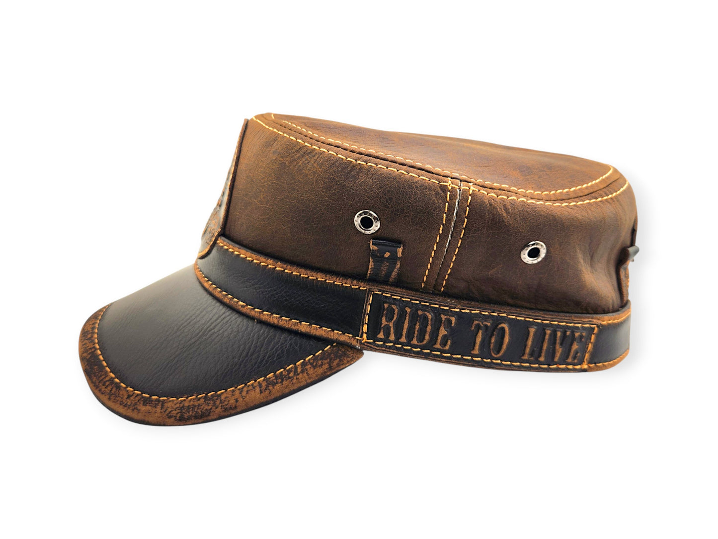Leather Biker Hat – Handmade Brown Distressed Military Cap with Skull Patch & Ride to Live Strap | Apero Bullo