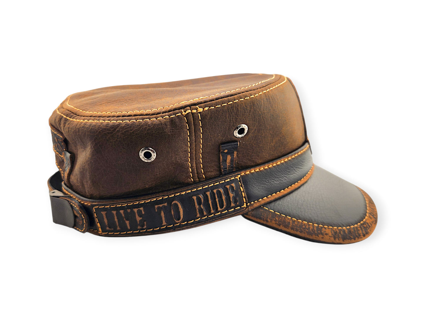 Leather Biker Hat – Handmade Brown Distressed Military Cap with Skull Patch & Ride to Live Strap | Apero Bullo