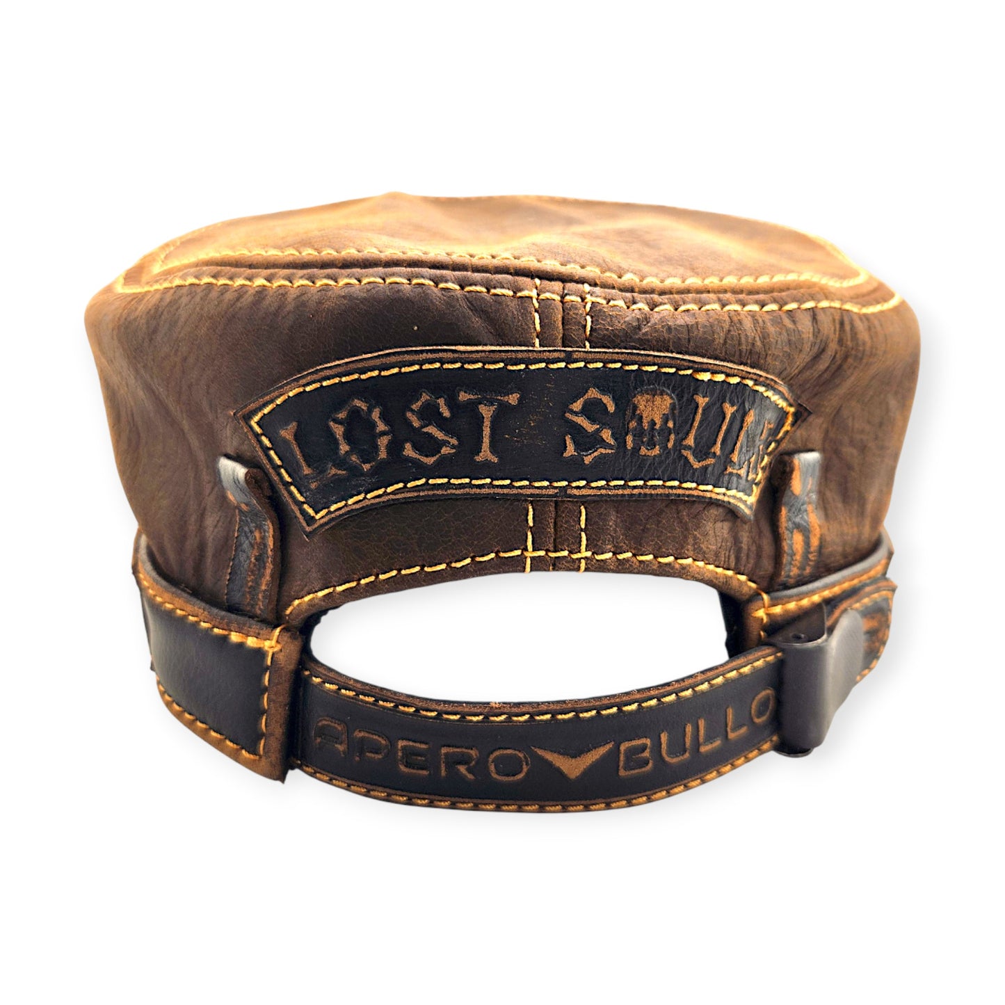 Leather Biker Hat – Handmade Brown Distressed Military Cap with Skull Patch & Ride to Live Strap | Apero Bullo