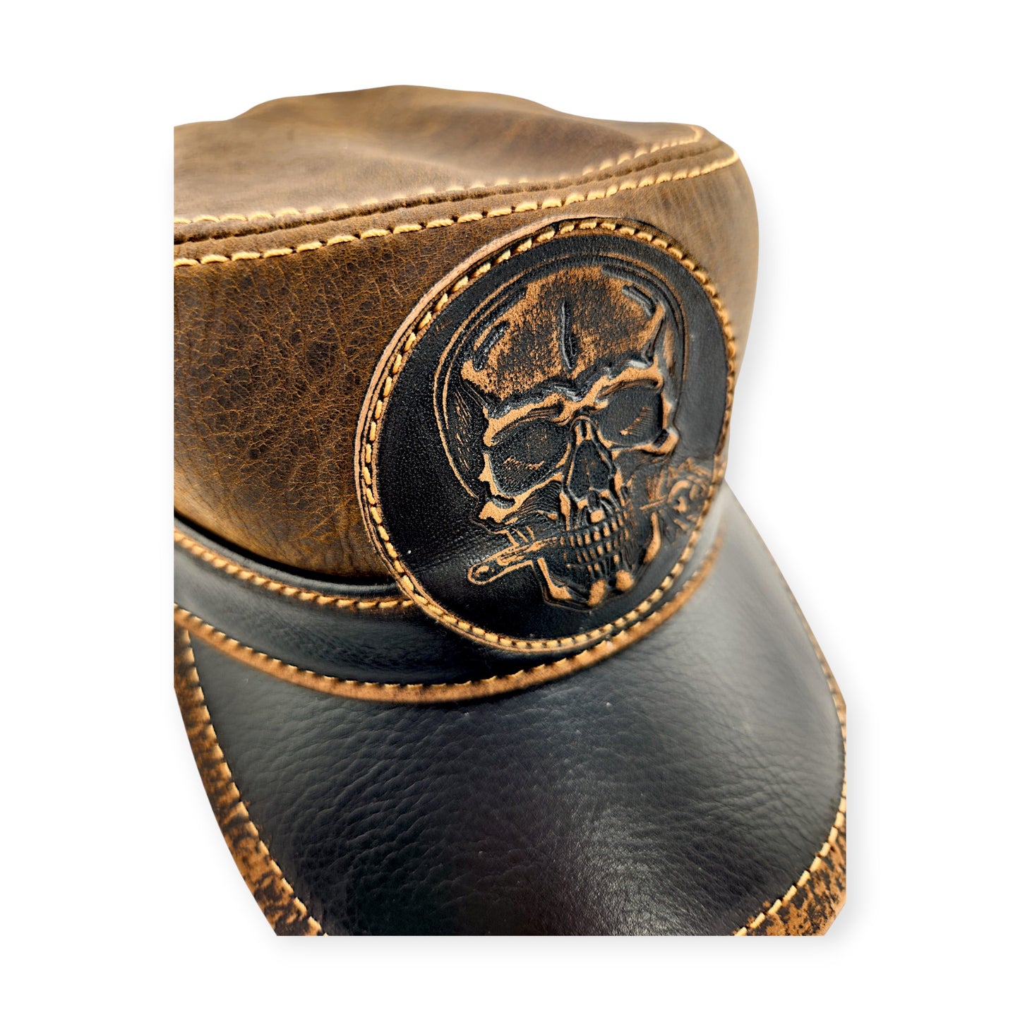 Leather Biker Hat – Handmade Brown Distressed Military Cap with Skull Patch & Ride to Live Strap | Apero Bullo