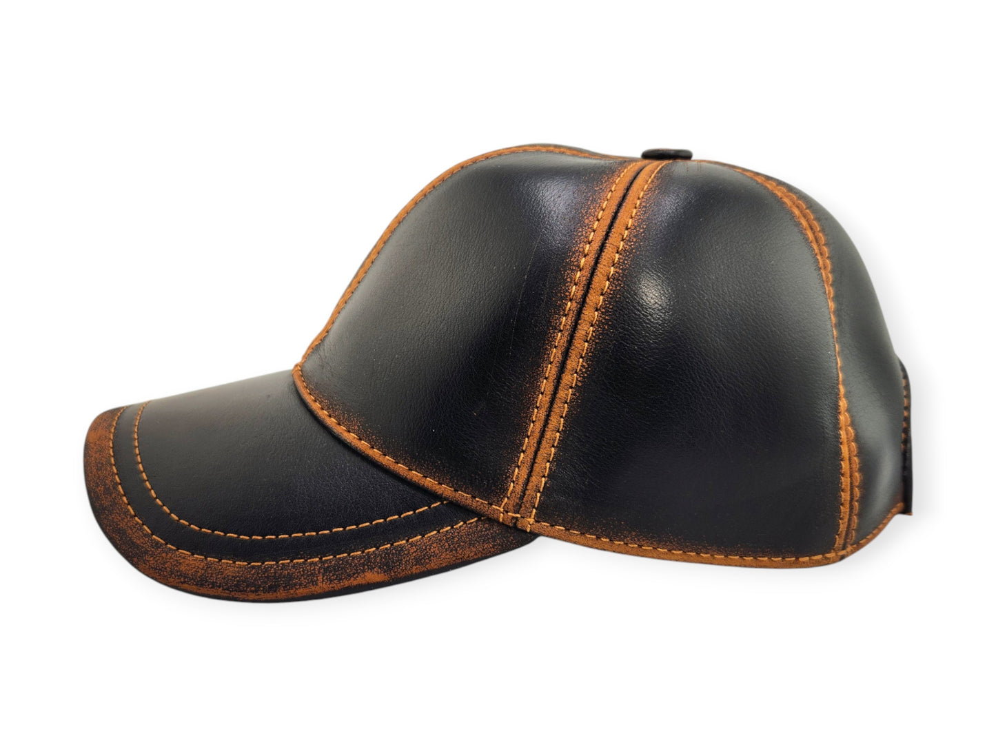 Leather Baseball Cap: Handmade Black & Brown Distressed Motorcycle Hat for Men with Vintage Stitching, Adjustable Strap | Apero Bullo