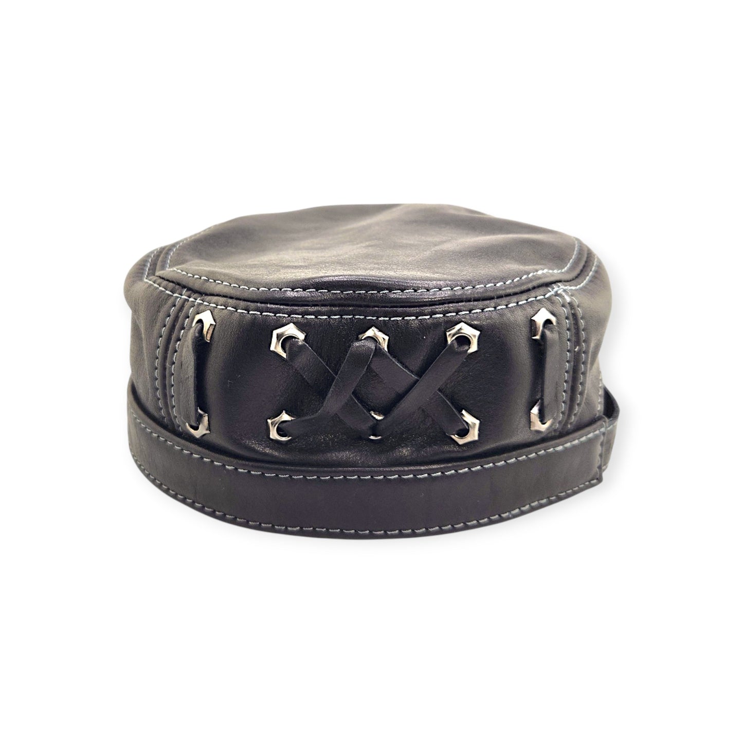 Leather Biker Hat: Handmade Black Motorcycle Cap for Men with Lace-Up Sides, Italian Leather | Apero Bullo