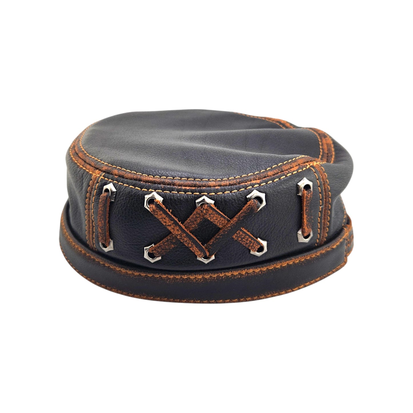 Leather Biker Hat: Handmade Black Motorcycle Cap with Distressed Lace-Up Sides & Contrast Stitching | Apero Bullo