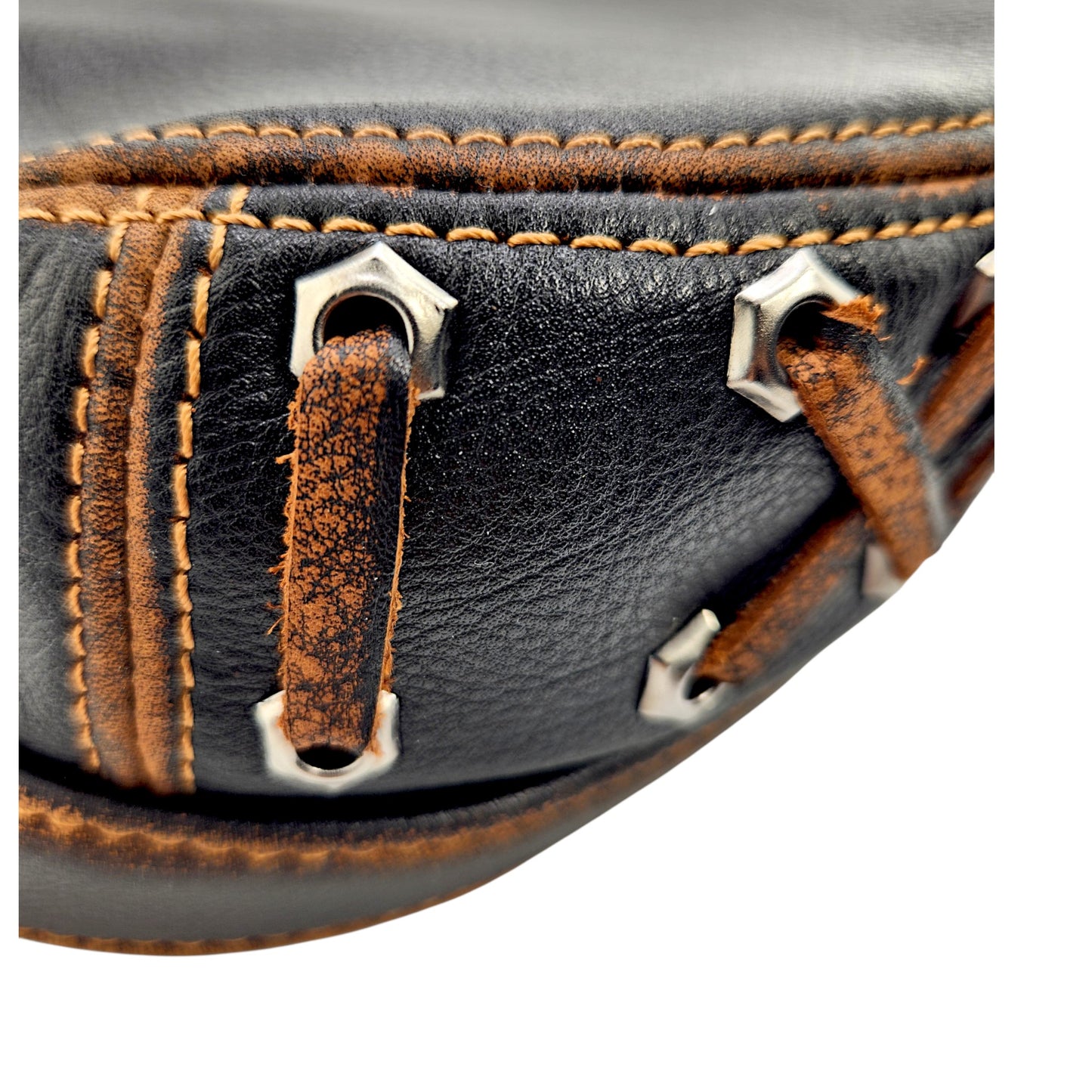 Leather Biker Hat: Handmade Black Motorcycle Cap with Distressed Lace-Up Sides & Contrast Stitching | Apero Bullo