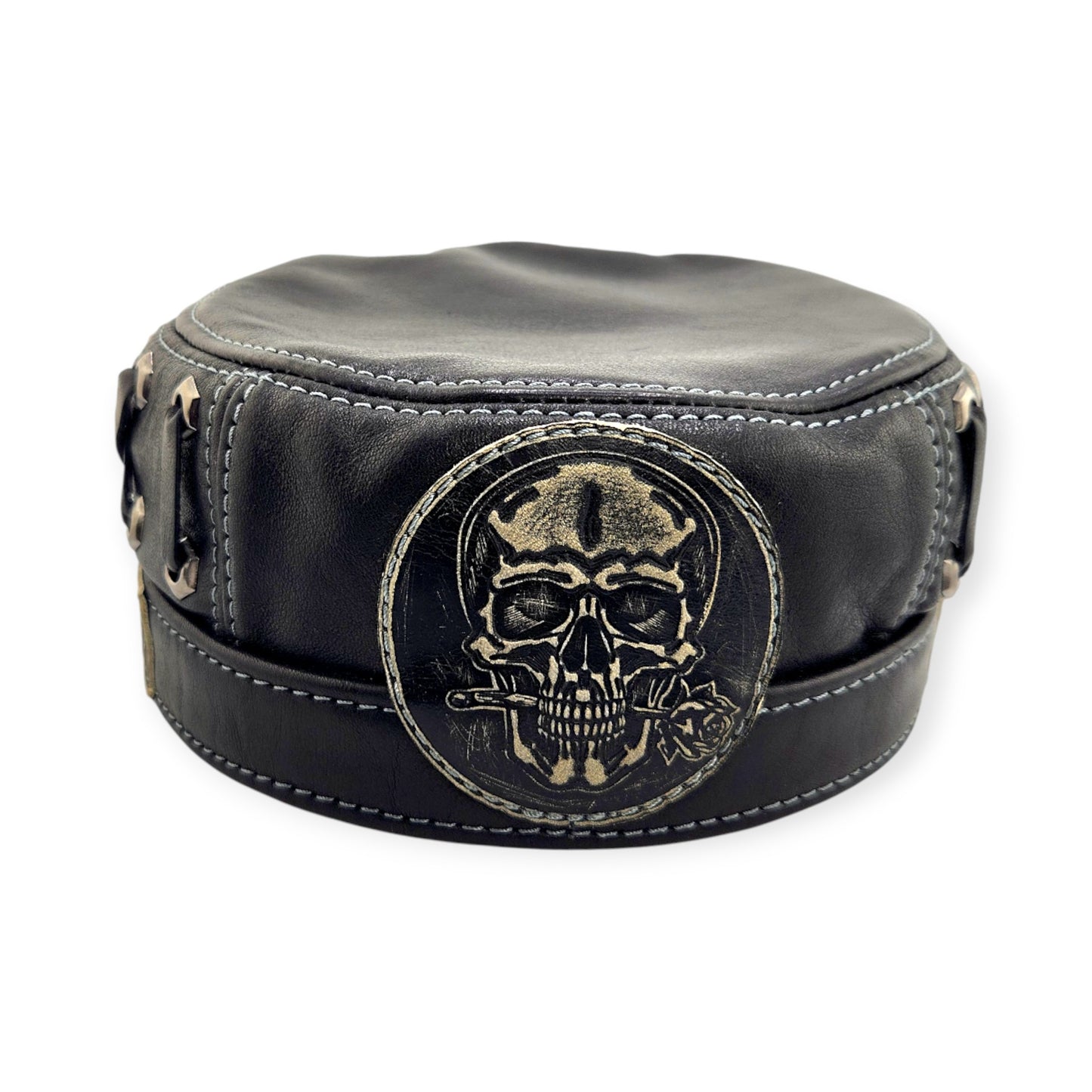 Leather Biker Hat: Handmade Black Motorcycle Cap with Skull Patch, “Ride to Live” Engraving & Lost Souls Back Design | Apero Bullo