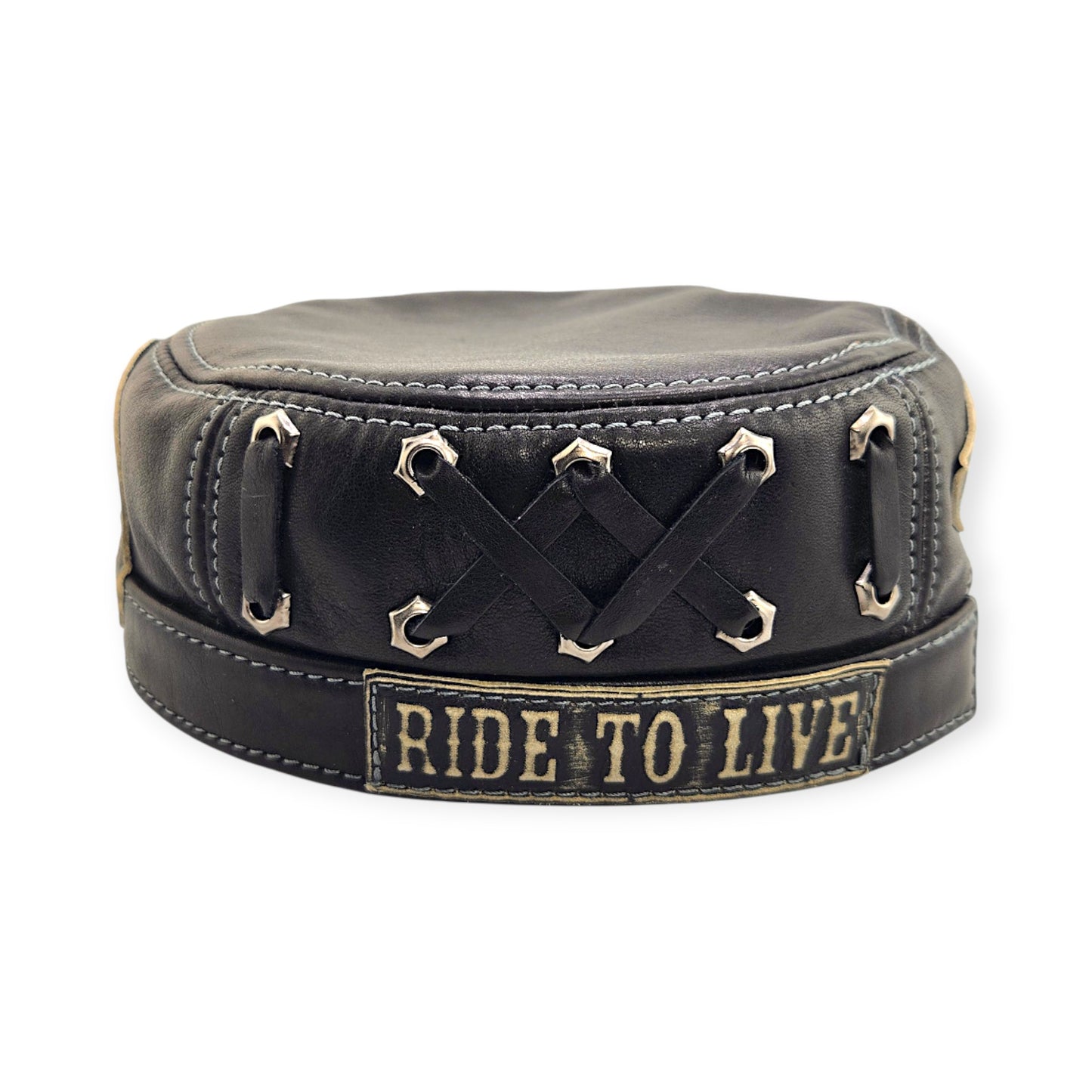 Leather Biker Hat: Handmade Black Motorcycle Cap with Skull Patch, “Ride to Live” Engraving & Lost Souls Back Design | Apero Bullo