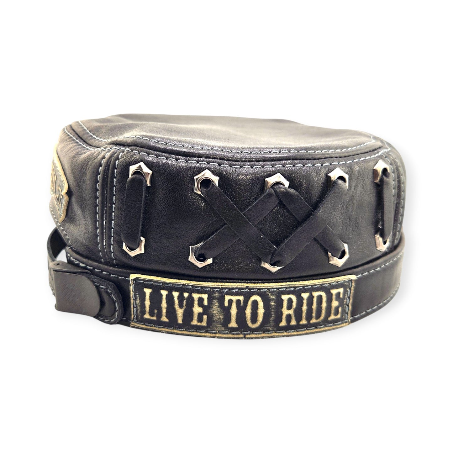 Leather Biker Hat: Handmade Black Motorcycle Cap with Skull Patch, “Ride to Live” Engraving & Lost Souls Back Design | Apero Bullo