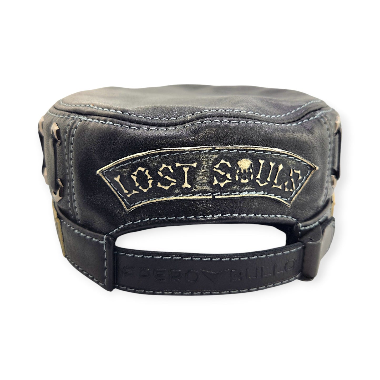 Leather Biker Hat: Handmade Black Motorcycle Cap with Skull Patch, “Ride to Live” Engraving & Lost Souls Back Design | Apero Bullo