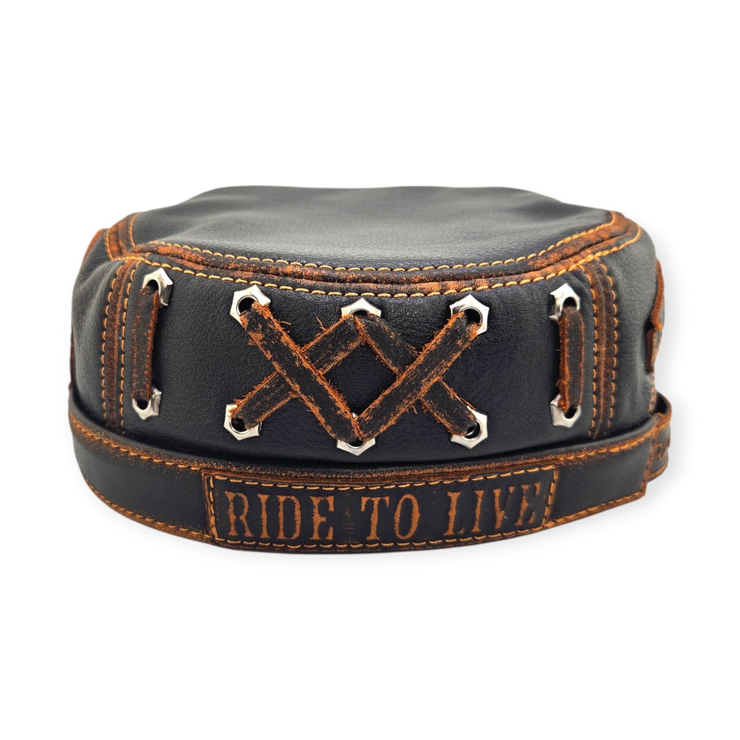 Leather Biker Hat: Handmade Black Motorcycle Cap with Skull & Rose Patch, “Ride to Live” Motto & Lost Souls Back | Apero Bullo
