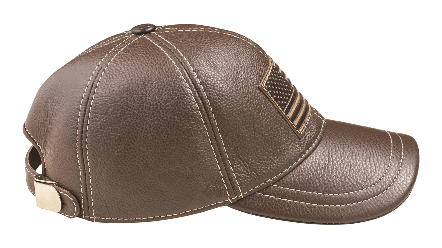 Leather Biker Hat: Handmade Brown Motorcycle Cap for Men with American Flag Patch, Patriotic Gift | Apero Bullo